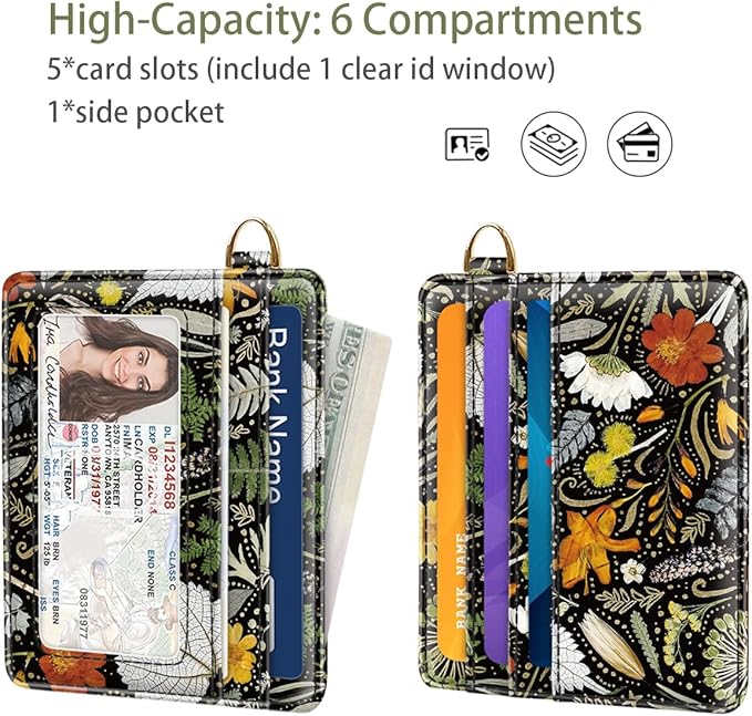 Slim Minimalist Front Pocket RFID Blocking Credit Card Holder Small Wallet Cute Card Cases for Women,Dried Flowers