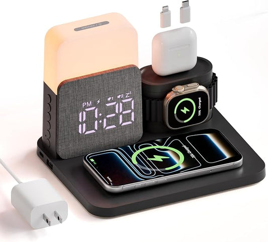7 in 1 Wireless Charging Station, Magnetic 25W Fast Charger with Alarm Clock & Night Light, Bedside Charging Stand for iPhone 17 16 15 14 13 12 Pro Max, Apple Watch, AirPods, Bedroom