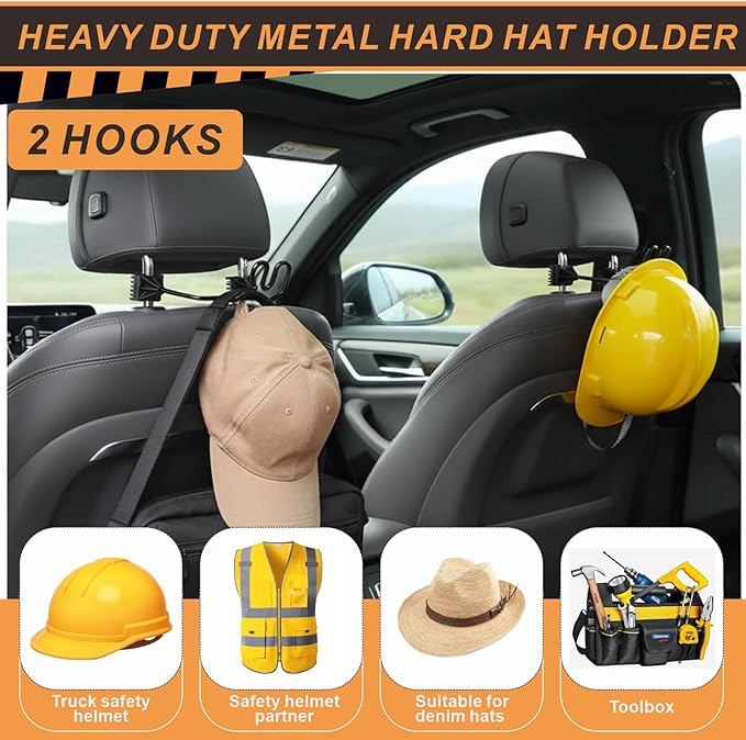 2 Pack Heavy Duty Dual Hook Helmet Rack for Truck, Adjustable Headrest Hanger, Hard Hat Holder Vehicle Accessory