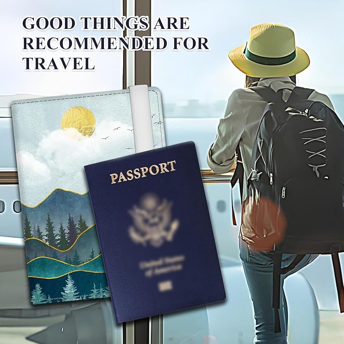 Passport Holder for Travel Essentials, RFID Premium Leather Passport Wallet Cover Case for Travel Must Haves Accessories, Passport Book Holders for Women Men Cute Mountain