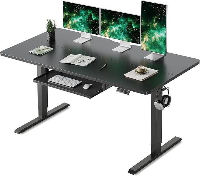 FEZIBO Standing Desk with Keyboard Tray, 60 x 24 Inch Adjustable Height Sit Stand Desk with Memory Presets for Home Office, Ergonomic Computer Workstation, Black