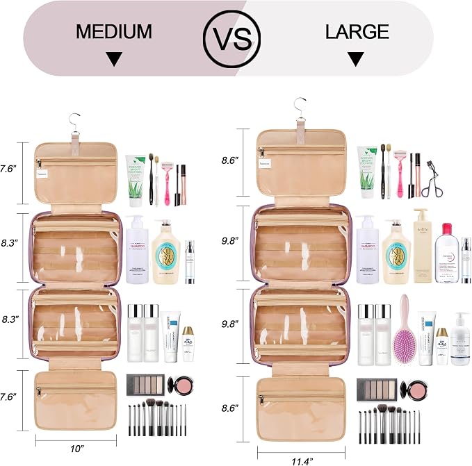 Travel Hanging Toiletry Bag for Women, Extra Large Makeup Bag, Holds Full-Size Shampoo, with Jewelry Organizer Compartment, Waterproof Cosmetic Bag, Toiletries Kit Set with Trolley Belt, Dark Purple