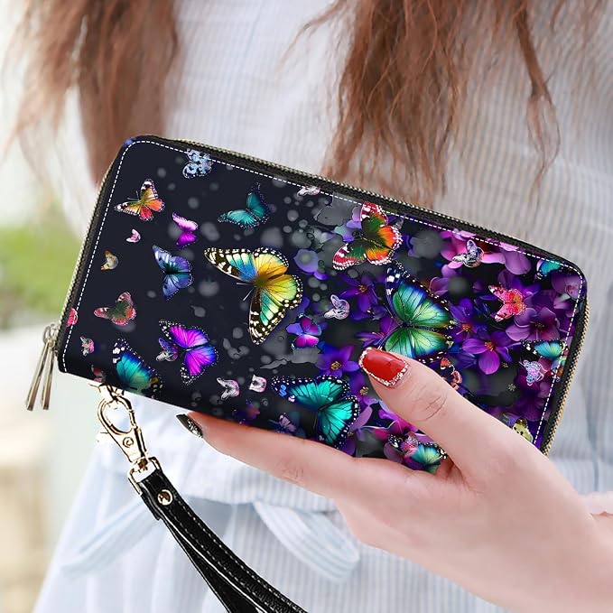 Women's Large Capacity Wallet PU Leather Double Zipper Clutch Purse Multifunctional Wallet with Removable Wristlet Strap for Smart Phone/Coin/Card/Cash, Colorful Butterfly