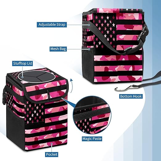 Car Trash Can USA Flag Camouflage Wate-rproof Auto Garbage Bag Car Trash Can with Lid Leak-Proof Car Storage Bag Hanging for Headrest Collapsible and Portable with Storage Mesh Pocket