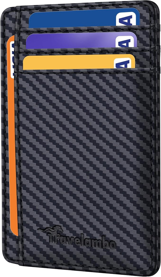 Travelambo Slim Wallet Front Pocket Minimalist Leather RFID Blocking Medium Size (Carbon Fiber Black)