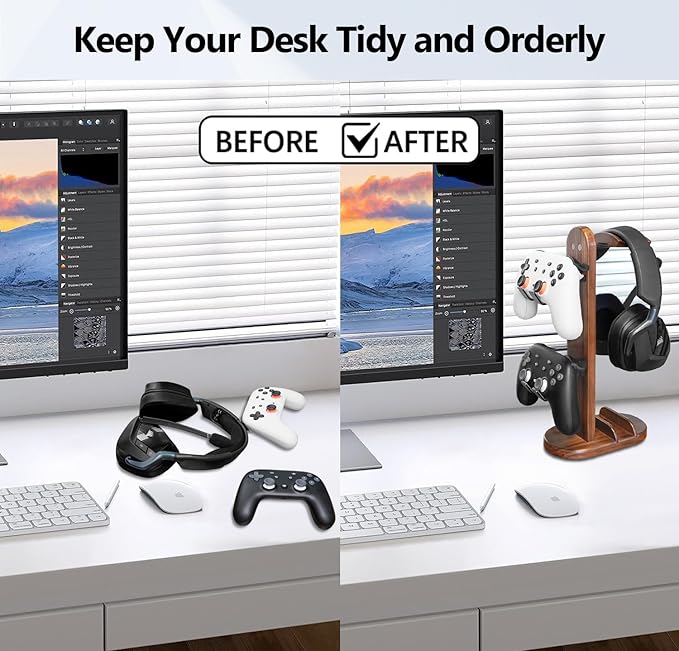 Controller Holder with Headphone Stand - Wood Gaming Controller Stand for Xbox PS5 PS4 Switch Pro, PC Gaming Accessories - Present Idea for Husband, Boyfriend, Gamers, Game Lover, Game Room Decor