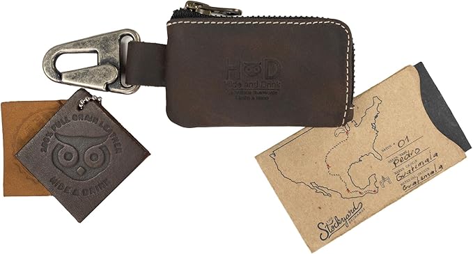 Hide & Drink, Car Key Holder Handmade from Full Grain Leather, Headphone & Charging Cables, Cash Zipper Case with Clasp (Bourbon Brown/White Stitching)