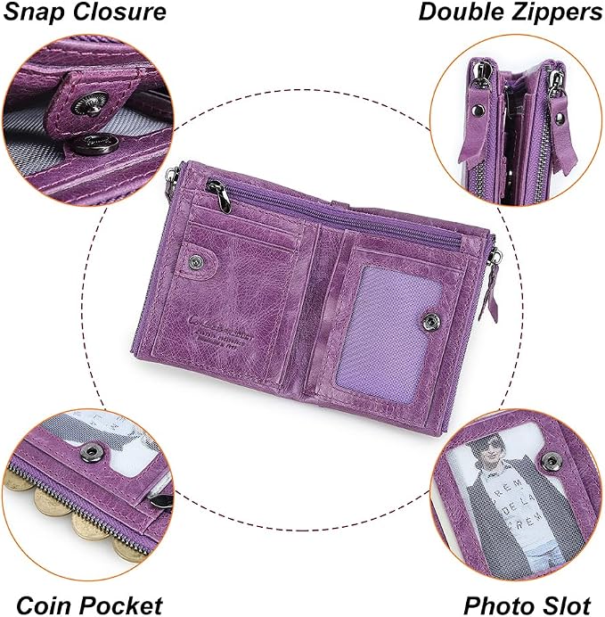 CONTACTS Soft Leather Wallet for Women Small Bifold Coin Purse Double Zipper Card Holder with RFID Blocking (Purple)