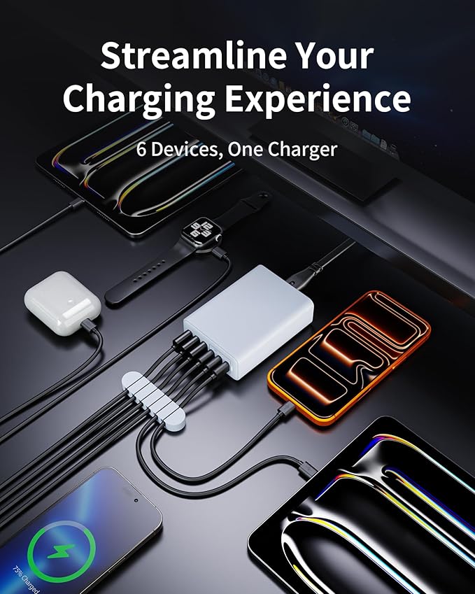 105W USB C Fast Charger, 6-Port Desktop GaN USB Charging Station Hub, USB C Charger Block Wall Charger for iPhone 17/16/15/14/13/12/11, iPad, Samsung and More (Cable Organizer Included)