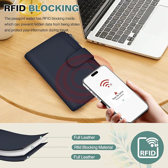 Passport Holder for Travel, Leather Passport Wallet with Airtag Slot, RFID Blocking Travel Wallet for Women Men, Passport Cover with Air Ticket Card Cash Coin Pocket, Travel Essentials Gift