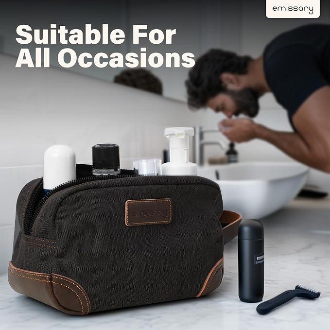 emissary Men's Toiletry Bag, Leather and Canvas Travel Toiletry Bag, Dopp Kit for Men, Travel Bathroom Bag Men's Shaving Kit, Travel Kit Small Bags for Men, Shaving Bag for Travel Accessories (Black) | Durable canvas & PU leather, water-resistant linin...