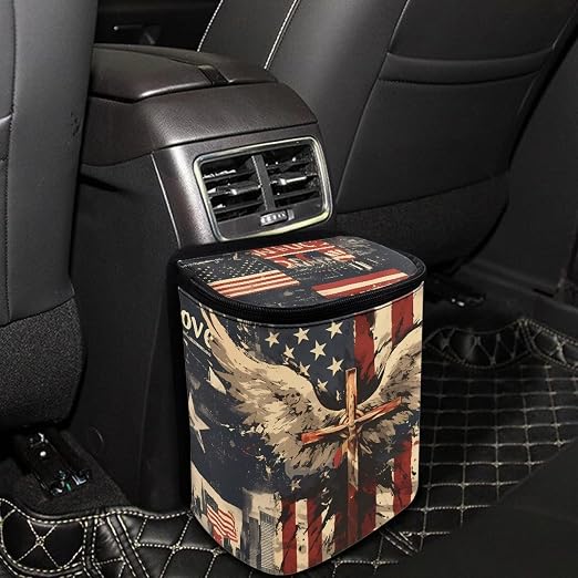 Biyejit American Flag Cross Car Trash Can with Lid - Leakproof Trash Bin Car Garbage Can, Collapsible Automotive Truck Organizer Storage Bag Cars Accessories for Women Men Road Trip Essentials