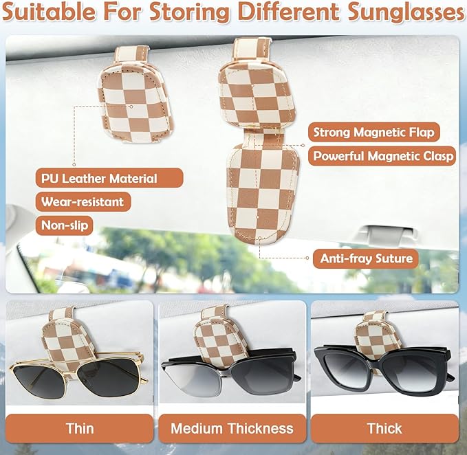 Sunglasses Holder for Car Visor - 2 Packs Boho Magnetic Leather Sunglasses Clip for Car Visor Sunglass Holder Ticket Card Hanger Clips Auto Interior Accessories for SUV Truck Women Men
