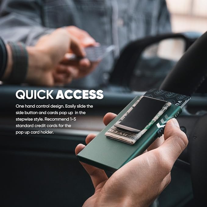 VULKIT Minimalist Wallet with Money Clip RFID Protection Pop Up Card Holder Slim Wallet Credit Card Holder Metal Wallet, Midnight Green
