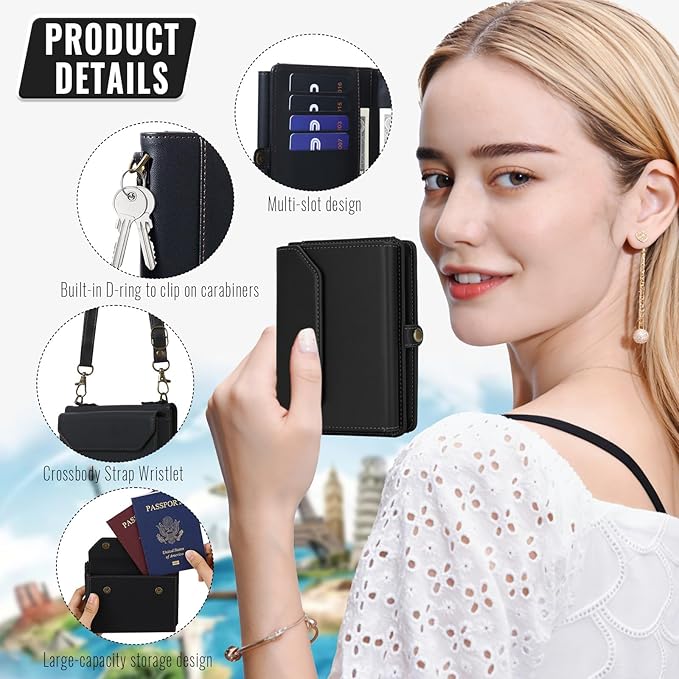 ASAPDOS RFID Blocking Family Passport Holder Wallet,Hold 2-3 Passports for Travel with Credit Card Slots & Wrist Crossbody Strap Black
