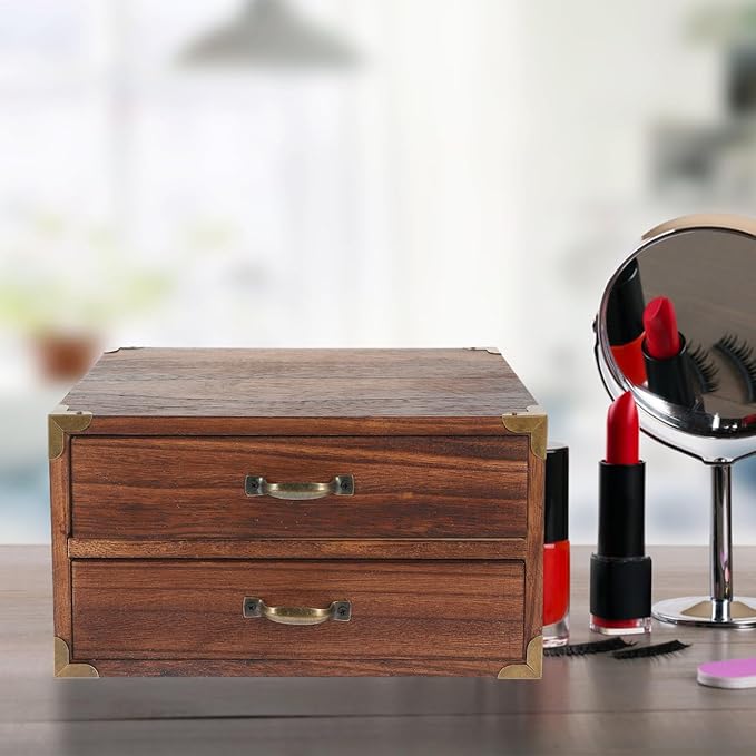 Garneck Wooden Organizer with 2 Drawers Desktop Vintage Storage Box Multifunctional Small Cabinets for Makeup Jewelry File Paper Sundry Containers for Home Office