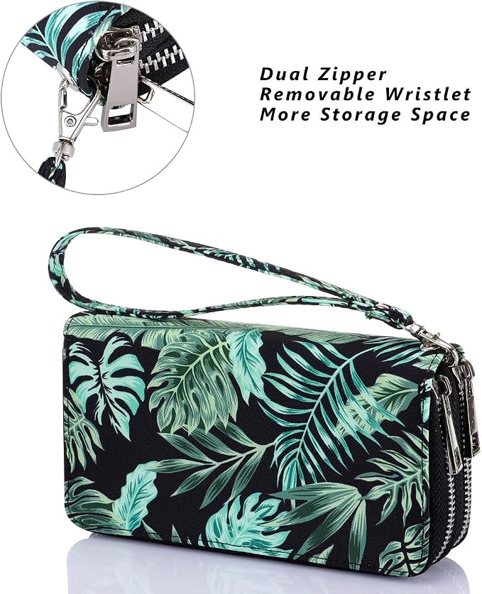 Cellphone Wallet for Women Dual Zipper Long Purse with Removable Wristlet
