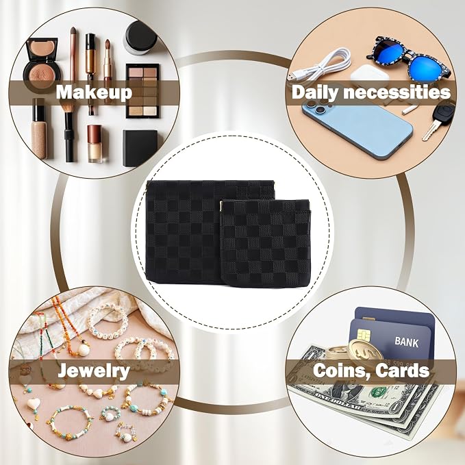 2 PCS Ladies Small Makeup Bag for Purse,Coin Purse Lipstick Cosmetic Accessories Organizer,Travel Pouch,Waterproof No Zipper Self-closing Small Makeup Pouch (Checkered Black)