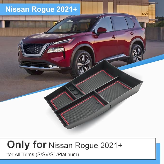 2021-2026 Rogue Center Console Organizer Lower, for Nissan Rogue (S/SV/SL/Platinum/Rock Creek/Dark Armor), Durable ABS &Anti-Slip Rubber Console Tray Insert 2026 2025 Rogue Accessories (Red)