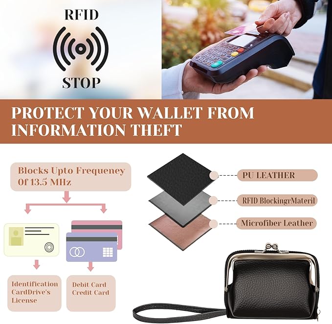 Women's RFID Blocking Wristlet Wallet - 2-in-1 Zip-Around with Coin Purse & Card Slots - Vegan Leather with Secure Clasp (Gift Ready)(Black)