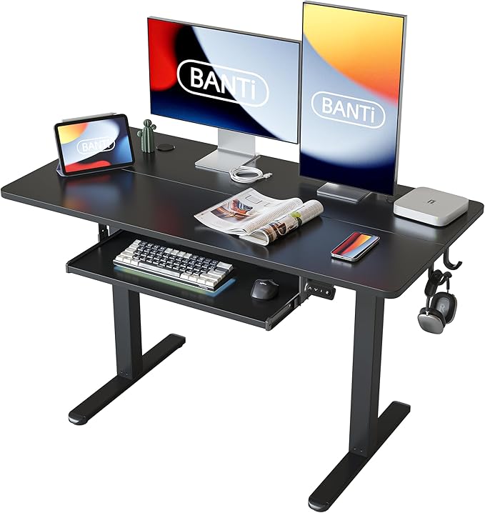 BANTI 48" x 24" Height Adjustable Electric Standing Desk with Keyboard Tray, Sit Stand up Desk with Splice Board, Black Frame/Black Top