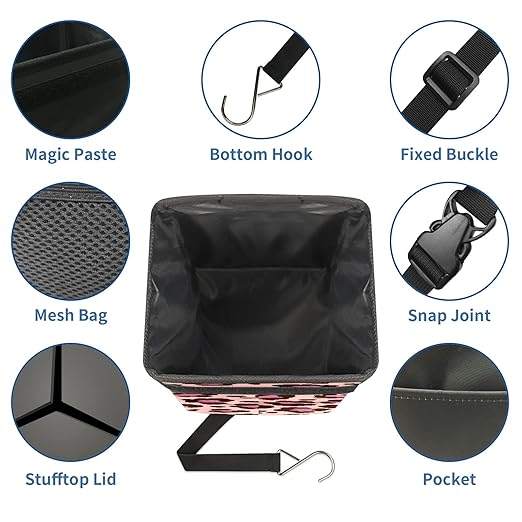 Car Trash Can Leopard Pink and Black Print Wate-rproof Auto Garbage Bag Car Trash Can with Lid Leak-Proof Car Storage Bag Hanging for Headrest Collapsible and Portable with Storage Mesh Pocket