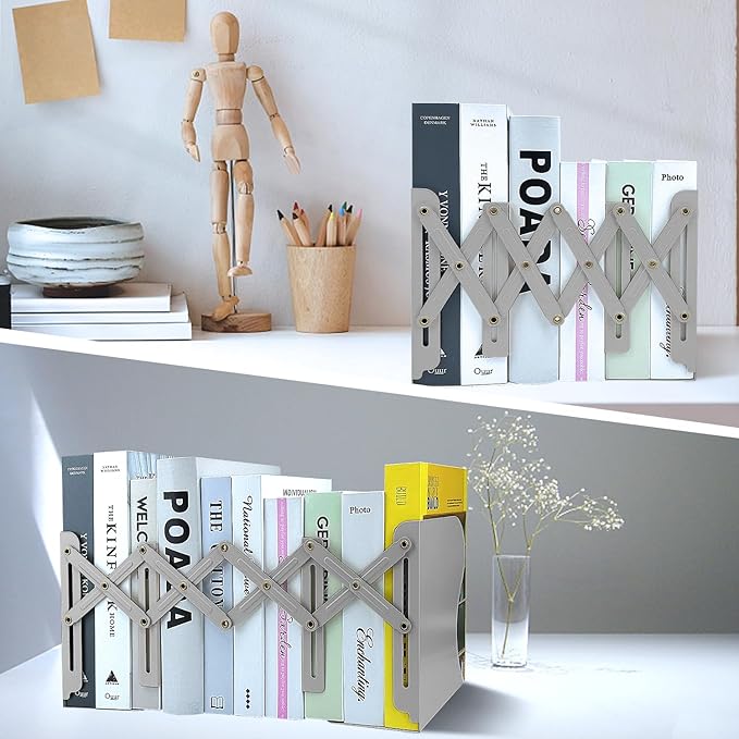 Adjustable Bookends, 19 inches 2 Dividers Heavy Duty Metal Book Holders, Book Storage Rack, Desk Organizer Magazine File Holder for Office, School, Bookstore and Home, Grey