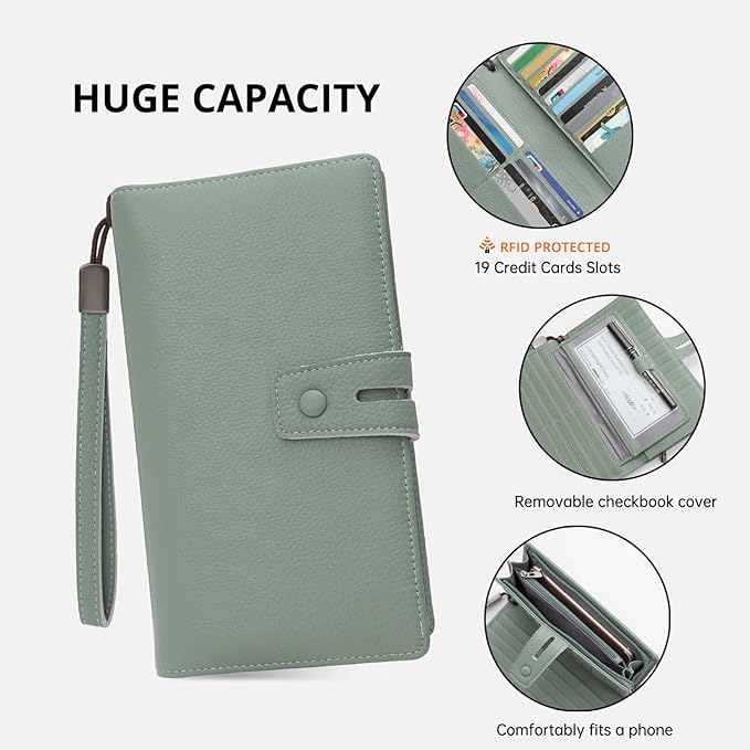 Bveyzi Women's Big Fat Rfid Leather Wristlet Wallet Organizer Large Phone Checkbook Holder with Zipper Pocket (Mint Green)
