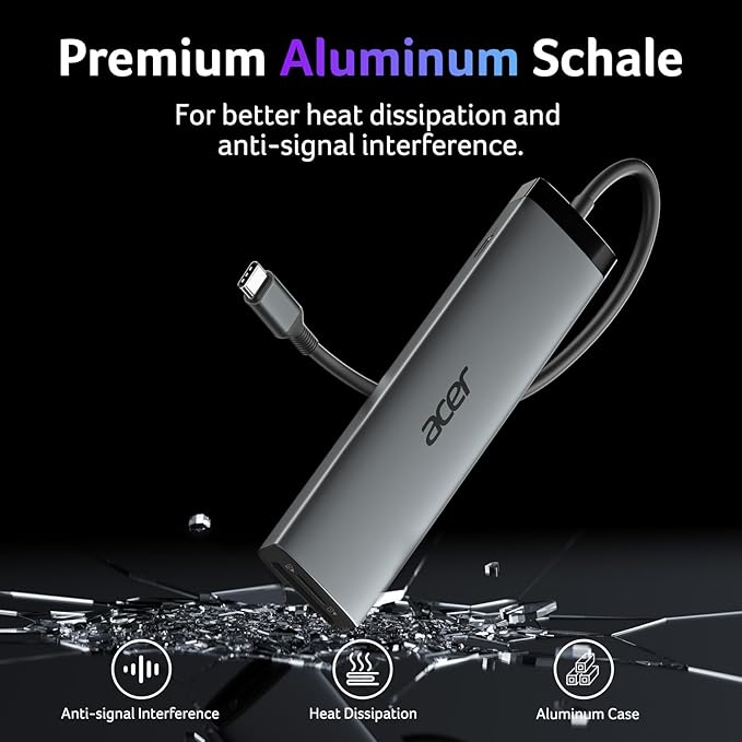 Acer 8 in 1 USB C Hub 10Gbps, USBC to HDMI Adapter 4K@60Hz, 2×USB-C 3.2, 2×USB A 3.0 Data Transfer, 100W PD Port Type C Multiport Splitter with SD/TF Card Reader, for MacBook Neo, Laptop, PC, Desktop