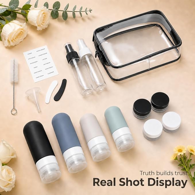 17 Pack Travel Bottles for Toiletries, TSA Approved Leak Proof Silicone Travel Containers for Toiletries with Label-Black+DarkBlue+ DarkGreen+Khaki