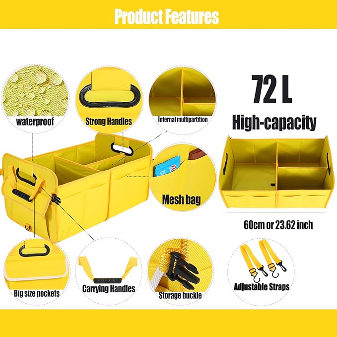 Car Suv Trunk Organizer,Sturdy Storage Organizer for Car Accessories,Tools,Sundries.Upgraded 4 Carrying Handles,72L,Foldable,Waterproof,Multi Compartment,2 Straps for Fixation (Yellow B)