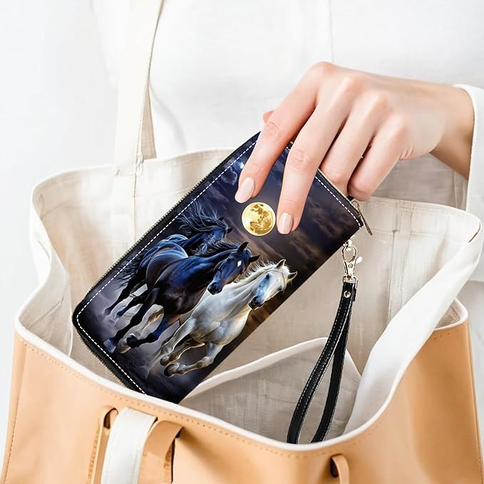 Running Horse Under The Moon Print Women Large Capacity PU Leather Zip Around Wallet, Multifunctional Clutch Purse for Cash/Card/Coin/Smart Phone