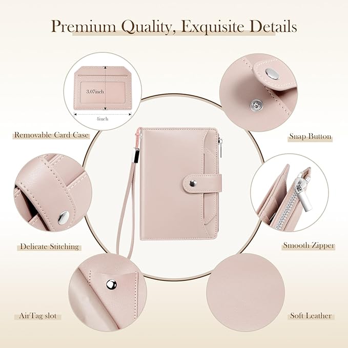 Dadanism RFID Passport Holder for Travel, Pu Leather Passport Wallet Cover with Card Holders, SIM Slots, Zippered Coin Pocket and Cash Slot, Slim Compact Travel Wallet for Women, Pink