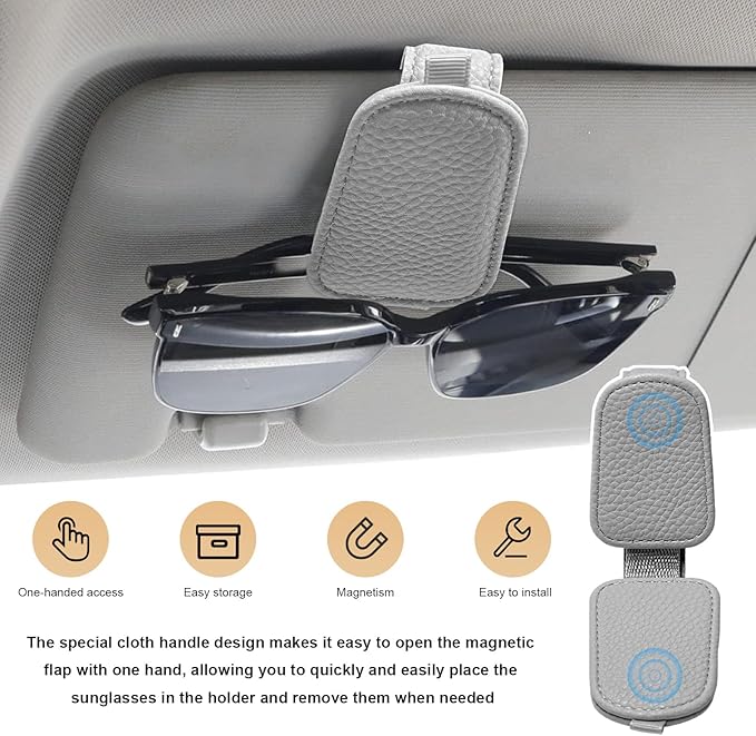 2 PCS Sunglasses Holders for Car Visor, Magnetic Leather Eyeglasses Hanger Mounter Ticket Card Clip, Auto Sun Visor Glasses Holder Business Card Organizer for Men Women (Gray)