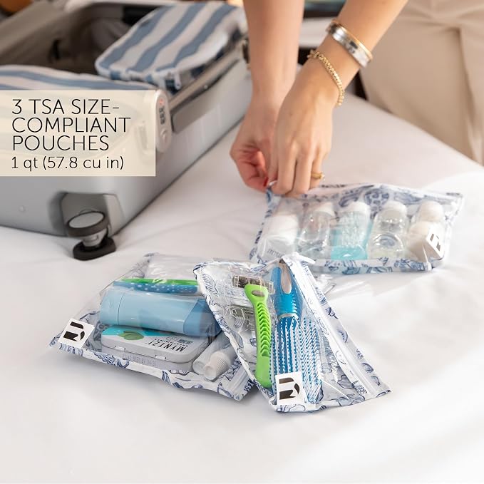 Bumkins Roamio Wet Bag and 3-Pack Clear-Sided Travel Pouches, Waterproof Fabric Organizer for Toiletries, Gym Clothes, Swim Gear, Shoes, Accessories, TSA Compliant Packing Set, Blue Shells 4-pc Set