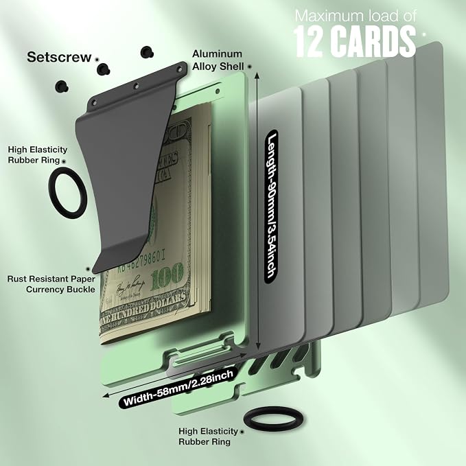 Wallet for Women, Minimalist Card Holder with Money Clip, Slim Metal Front Pocket Aluminum Wallet, Modern-Modular-Design, RFID Blocking, Green