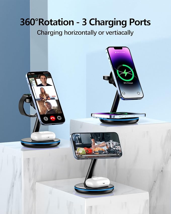 3 in 1 Charging Station for Apple Devices 18W Fast Mag-Safe Charger Stand Magnetic Wireless Charger Station for iPhone 17 16 15 14 13 12 Pro/Pro Max/Plus/Mini AirPods 2/3/Pro iWatch Ultra 2-8 Serials