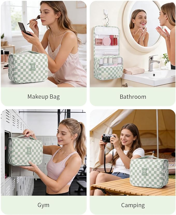 Narwey Small Hanging Travel Toiletry Bag for Traveling Women, Checkered Travel Bag for Toiletries, Makeup Bag Organizer Make Up Cosmetic Bags, Gifts for Kids Teen Girls (Mint Green Checkerboard)