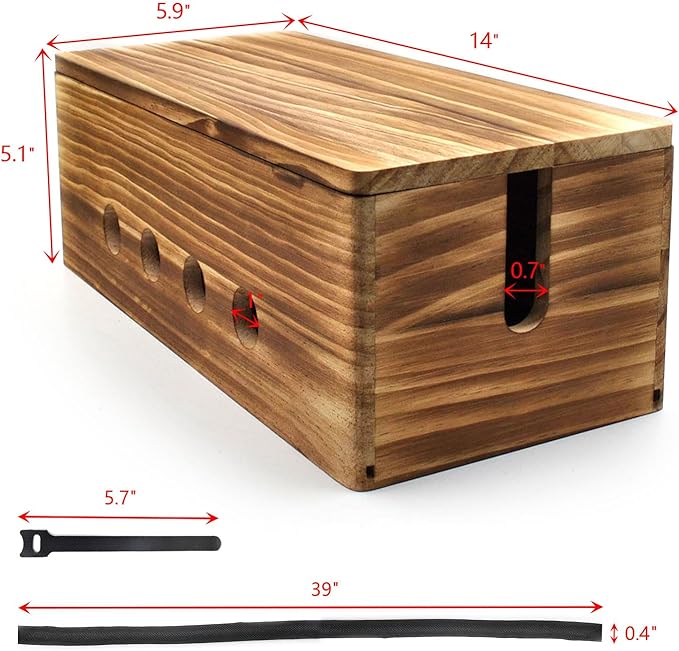 Large Cable Management Box, Wood Cord Hider Box & Organizer for Power Strip Hider Cable Storage for Office, TV Wires, Desk Cord Organizer, 14" x 5.9" x 5.1", Vintage Walnut (Vintage Walnut-lid)