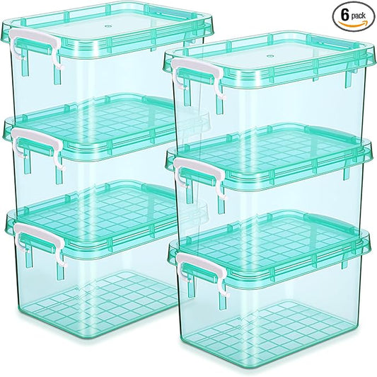 Wenqik 6 Pack Colorful Plastic Storage Bins with Lids 4 Quart Small Storage Latch Box Stackable and Nestable Clear Organizer Bins with Latching Handle and Buckle for Organizing (Teal)