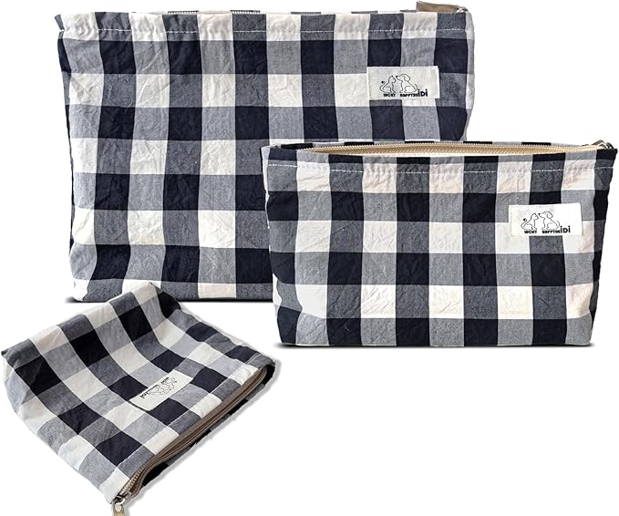 HAPPYHEIDI Cotton Black White Checker Makeup Bag Set 3 with Compartment Cosmetic Toiletry Travel Pouch,Purse Accessory Organizer, 3-Size, Canvas Lined