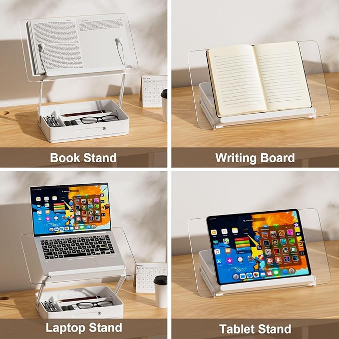 Book Holders for Reading, 360°Rotating Acrylic Book Stand with Storage Pen Slot, Foldable Desktop Riser Laptop Stand, Adjustable Book Reading Stand with Page Clips for Desk, Recipe, Cookbook Stand