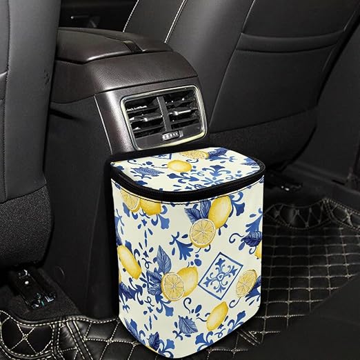 Lemon Square Print Car Accessories Back Seat Multipurpose Car Trash Can with Lid, Leak Proof Waterproof Hanging Cars Garbage Can for Road Trip Travel