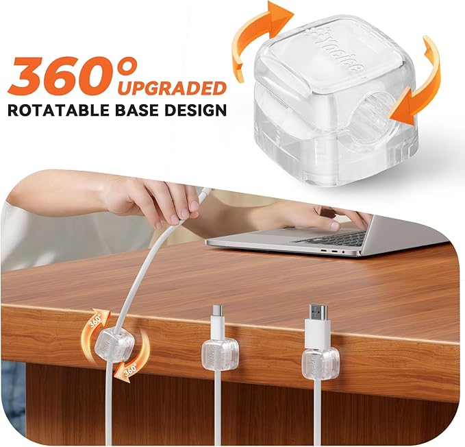 6Pack Rotatable Cord Organizer,Spring Cable Clips Desk Cable Management Cord Holder Adhesive Phone Charger Cord Clips for Home Office Car Wall Nightstand Accessories, Clear