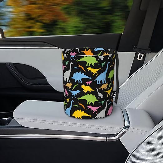 Car Garbage Bag Colorful Dinosaurs Mini Car Trash Bin Portable Collapsible Waterproof Rubbish Bag for Car Accessories Back Front Seat Cup Holder