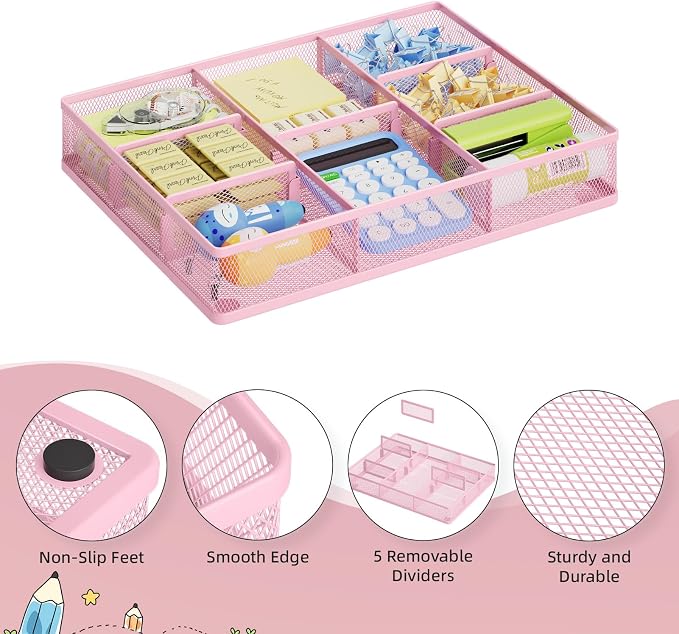 Marbrasse 2P Pink Desk Drawer Organizer, Metal Mesh Drawer Organizer Tray with 5 Adjustable Compartments,Desk Organizers and Accessories for Home,Office,Kitchen,Makeup,Vanity (Pink)