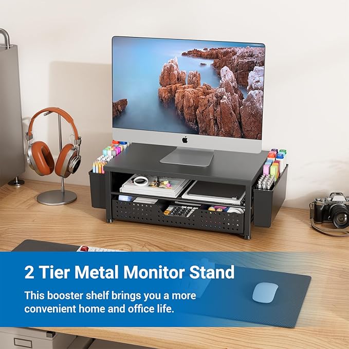 Monitor Stand Riser, Laptop Stand for Desk, Office Desk Organizer and Accessories, Computer Desktop Shelf with Drawer and Pen Holder, Printer Stand for Home, Office, Dorm (Black)