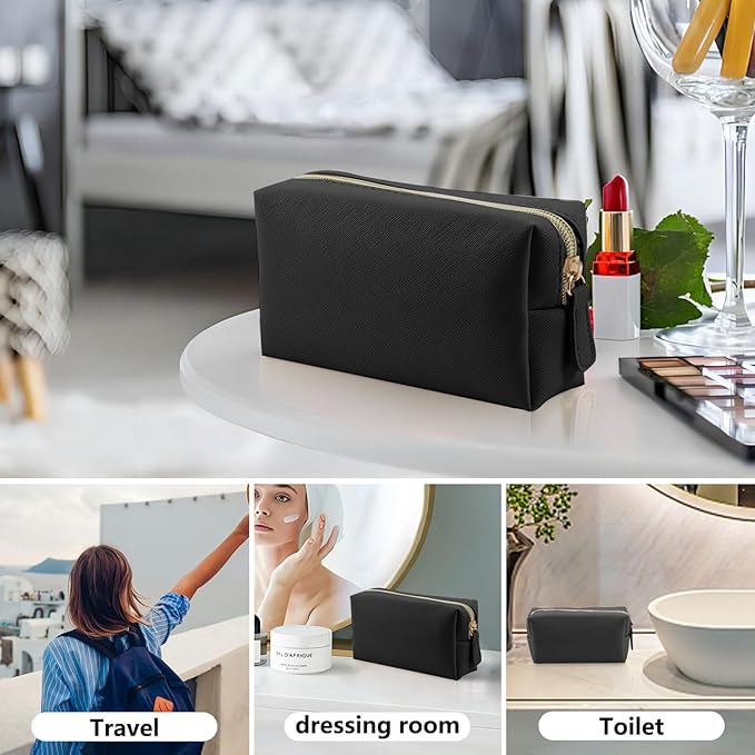 Leather Makeup Bag for Purse Travel, Portable Small Cosmetic Organizer for Women and Girls, Make up Bag with Zipper