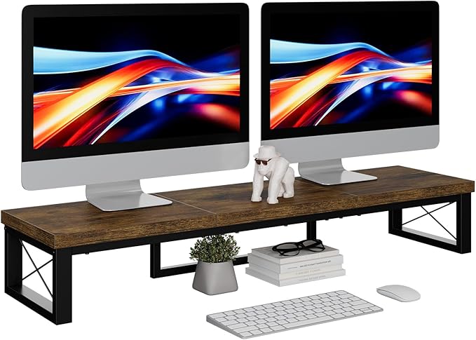 IBUYKE Large Dual Monitor Stand Riser for 2 Monitors, Wooden Desktop Computer Monitor Stand Storage Shelf and Steel Legs,Dual Screen Office Desk,Monitor Riser for Computer, Printer,Laptop,TV,Rustic Brown UTDJ002H