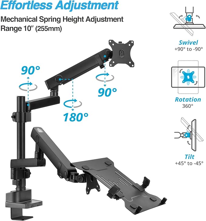 AVLT Laptop & 38 Inch Monitor Arm Pole Top Mount-Black, Supports 26.4 lbs (12 kg), Stacked Monitor, VESA Compatible, Ultrawide Screen Fit, Adjustable Height, Tilt Swivel Rotate, Cable Management